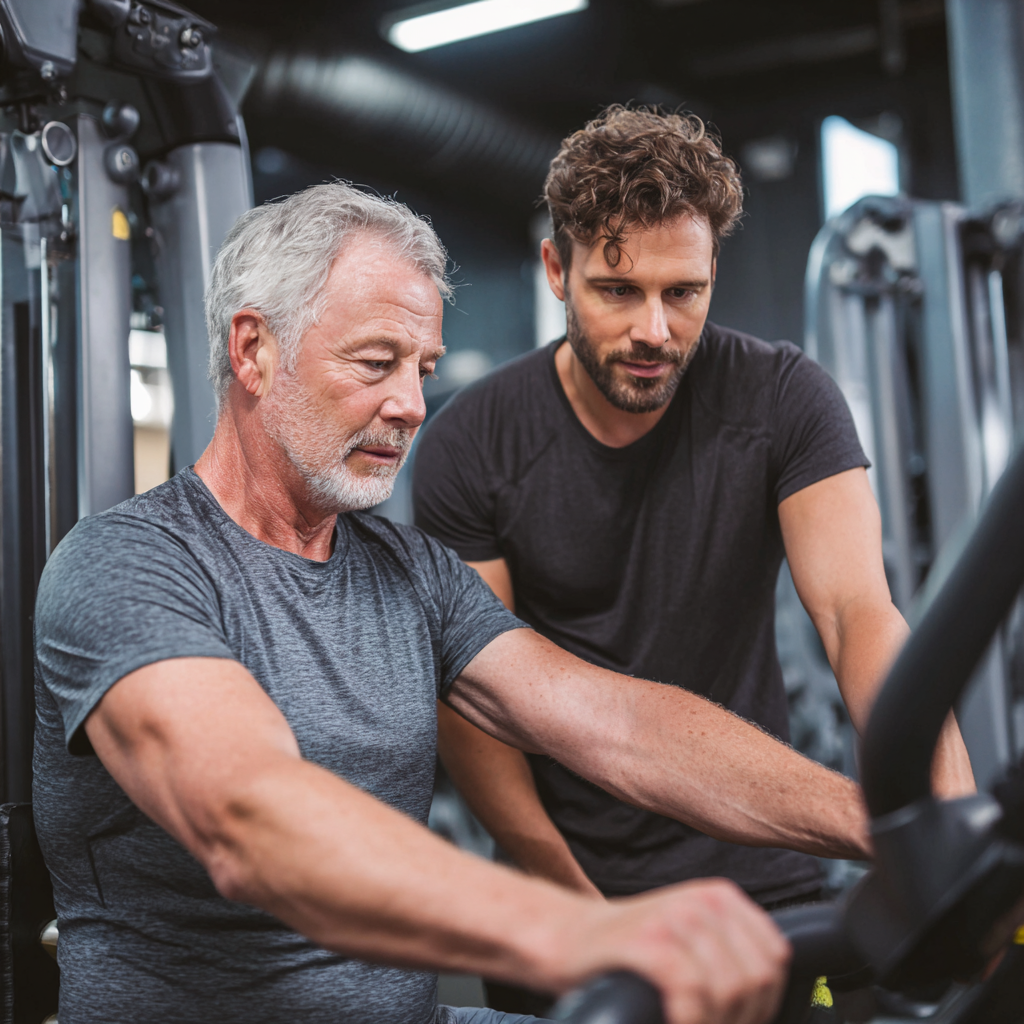 Досвідчений тренер консультує чоловіка 58 років по індивідуальній програмі тренувань біля тренажерів