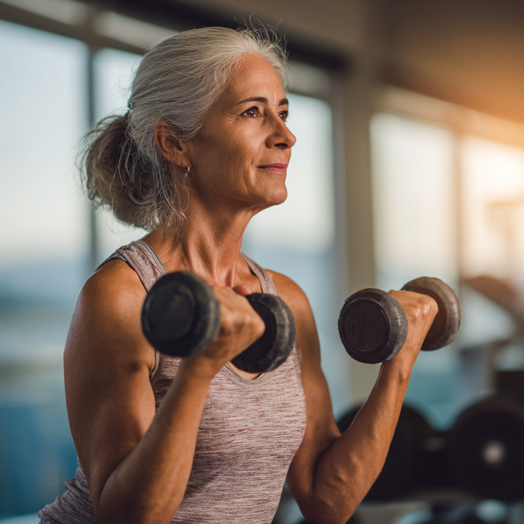 Енергійна жінка 55 років виконує силові вправи з гантелями в сучасному фітнес-залі