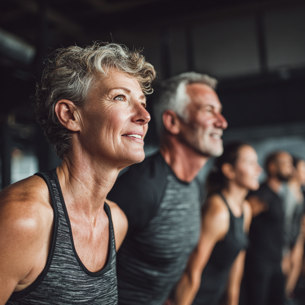 Група активних людей 50-60 років під час групового HIIT тренування в просторому спортивному залі